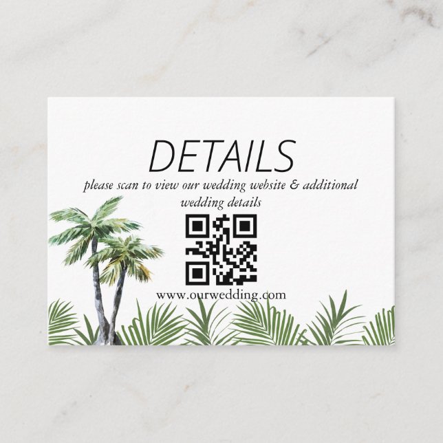 Carte D'accompagnement Code QR de mariage moderne à l'aquarelle avec palm (Devant)