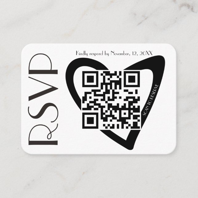 Carte D'accompagnement Code QR de mariage noir blanc cœur RSVP simple (Devant)