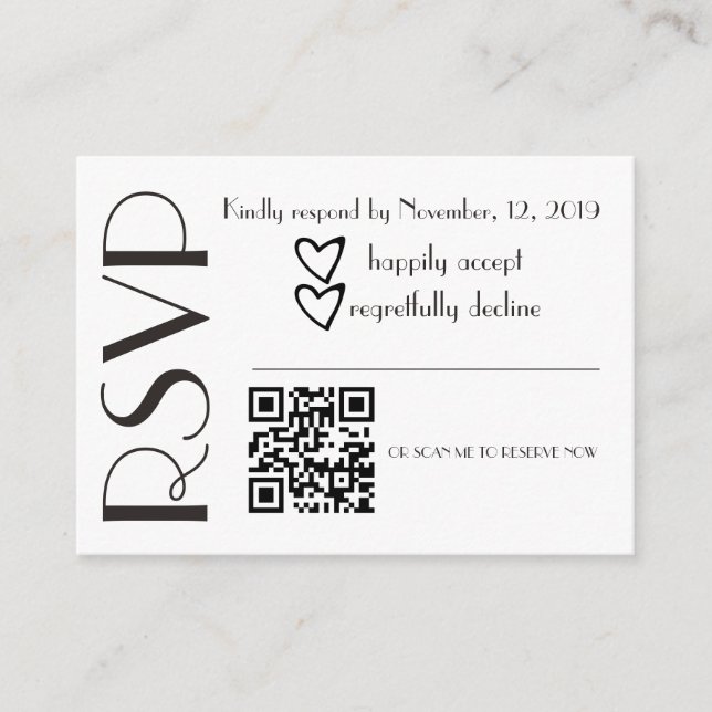 Carte D'accompagnement Code QR de mariage noir blanc cœur RSVP simple (Devant)