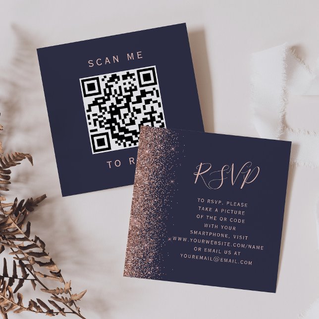 Carte D'accompagnement Code QR de mariage paillettes or rose bleu foncé R (Créateur téléchargé)