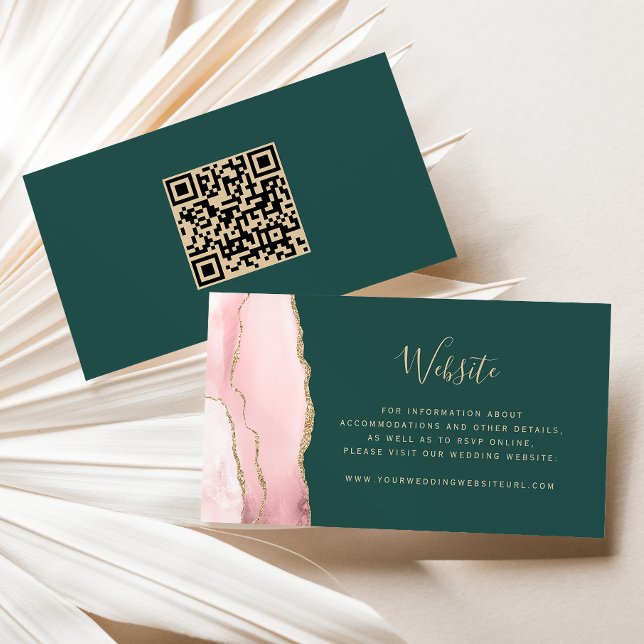 Carte D'accompagnement Code QR de mariage rose poudré or agate vert Budge (Créateur téléchargé)