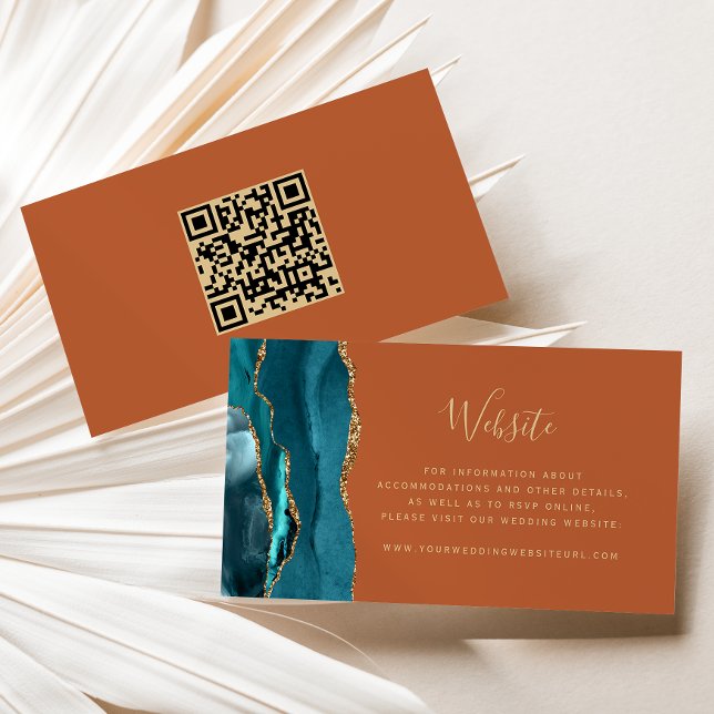 Carte D'accompagnement Code QR de mariage sarcelle doré agate rouille Bud (Créateur téléchargé)