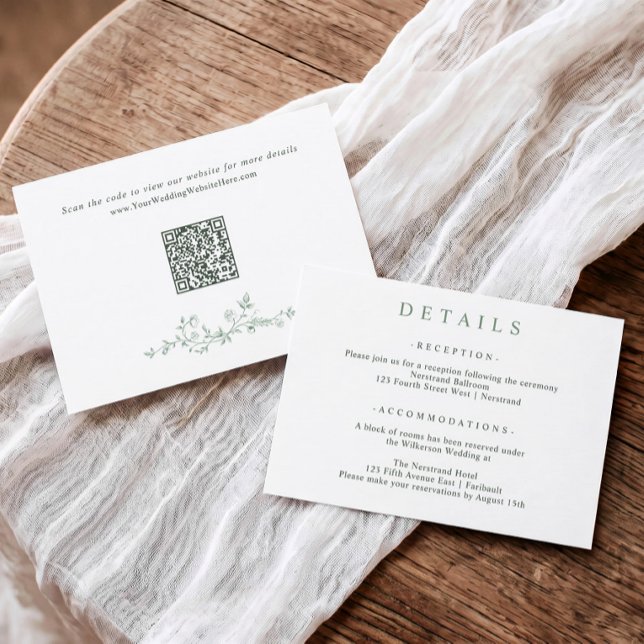 Carte D'accompagnement Code QR de mariage simple et élégant vert sauge (Simple sage green wedding details card with reception information and QR code on back)