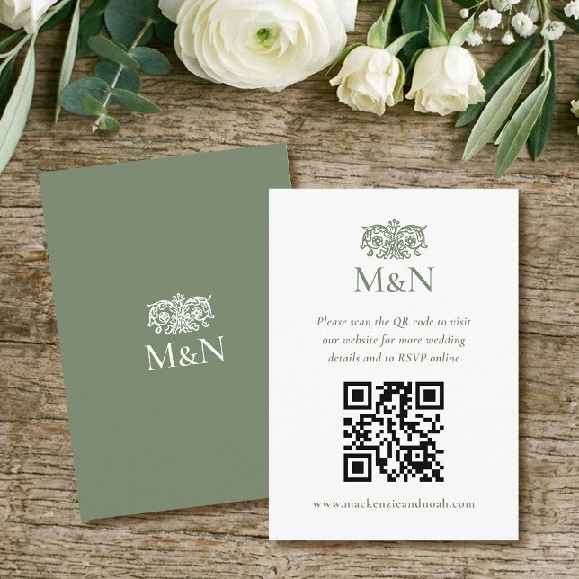 Carte D'accompagnement Code QR de monogramme de mariage RSVP élégant vert (Créateur téléchargé)