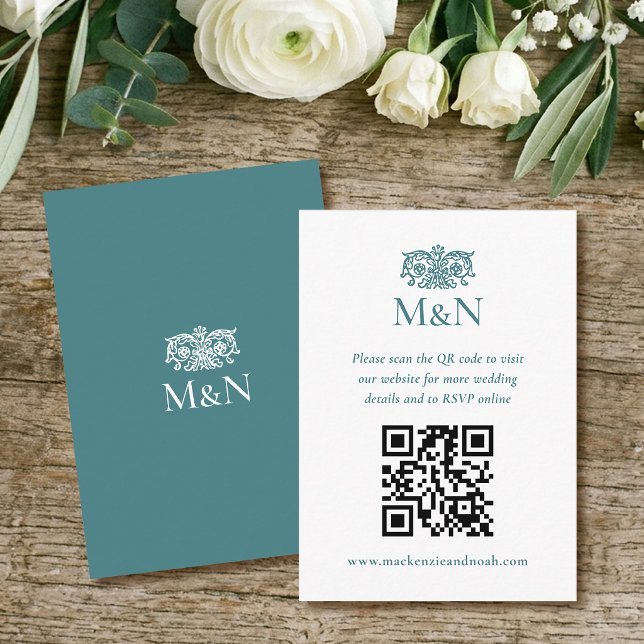 Carte D'accompagnement Code QR de monogramme de mariage RSVP élégant vert (Créateur téléchargé)