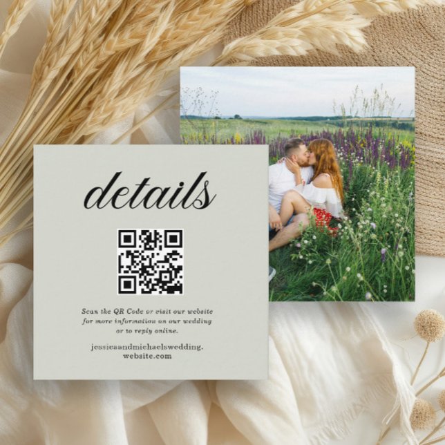 Carte D'accompagnement Code QR de photo de site Web RSVP vert sauge (Wedding details photo enclosure card with QR Code and Wedding website)