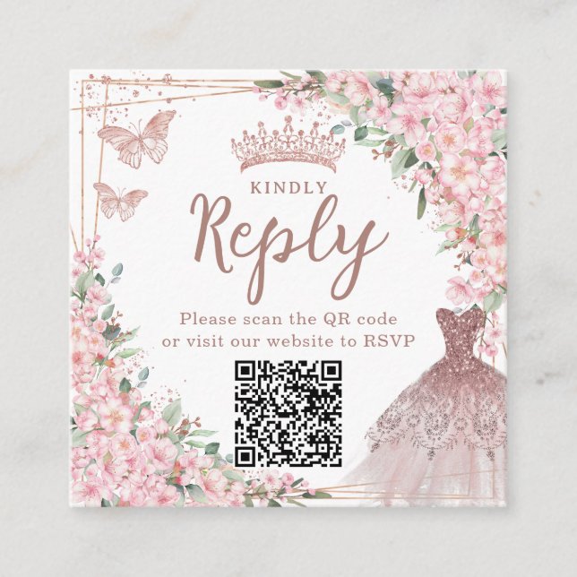 Carte D'accompagnement Code QR de Quinceañera Fleurs de Cerisier Or Rose (Devant)