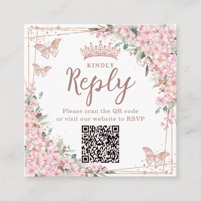Carte D'accompagnement Code QR de Quinceanera Rose Gold Fleurs de Cerisie (Devant)