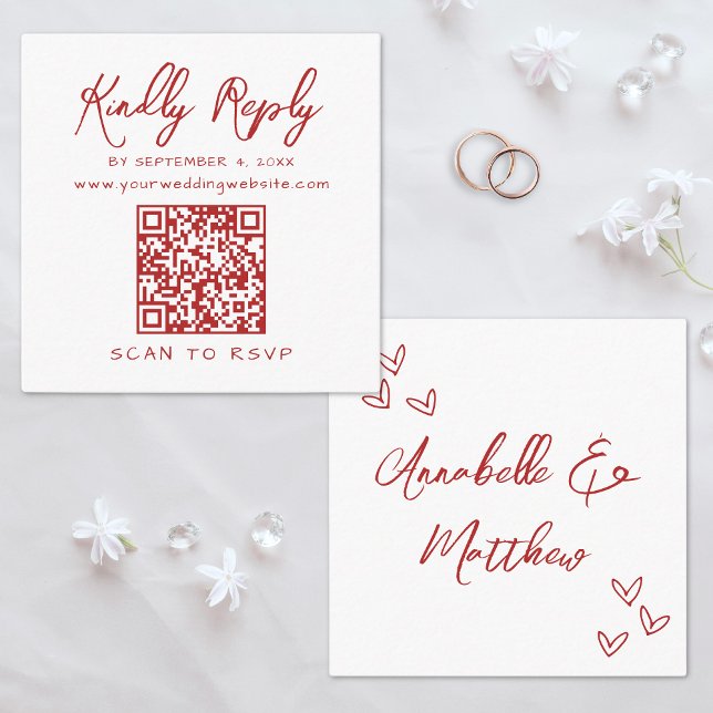 Carte D'accompagnement Code QR de réponse au mariage rouge de Simple Scri (Simple Script QR Code Red Wedding Reply Enclosure Card)