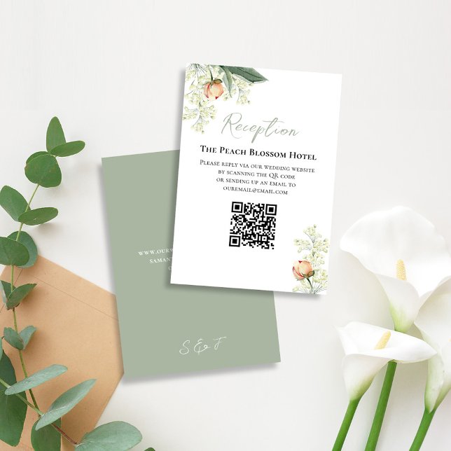Carte D'accompagnement Code QR de réponse au RSVP de la réception de mari (Elegant wedding RSVP card with watercolor peach floral design)