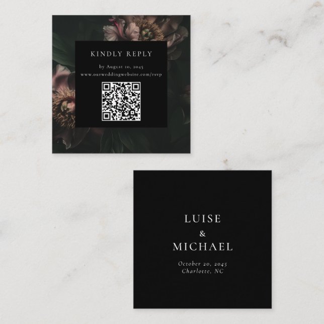 Carte D'accompagnement Code QR de réponse de mariage aux florales sombres (Devant / Derrière)