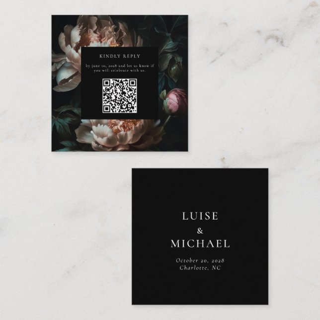 Carte D'accompagnement Code QR de réponse de mariage aux florales sombres (Devant / Derrière)
