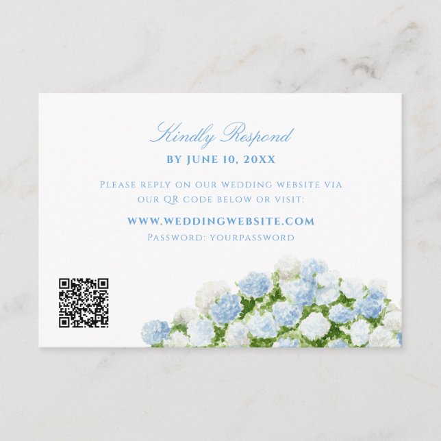 Carte D'accompagnement Code QR de réponse de mariage aux Hortensias Bleus (Devant)