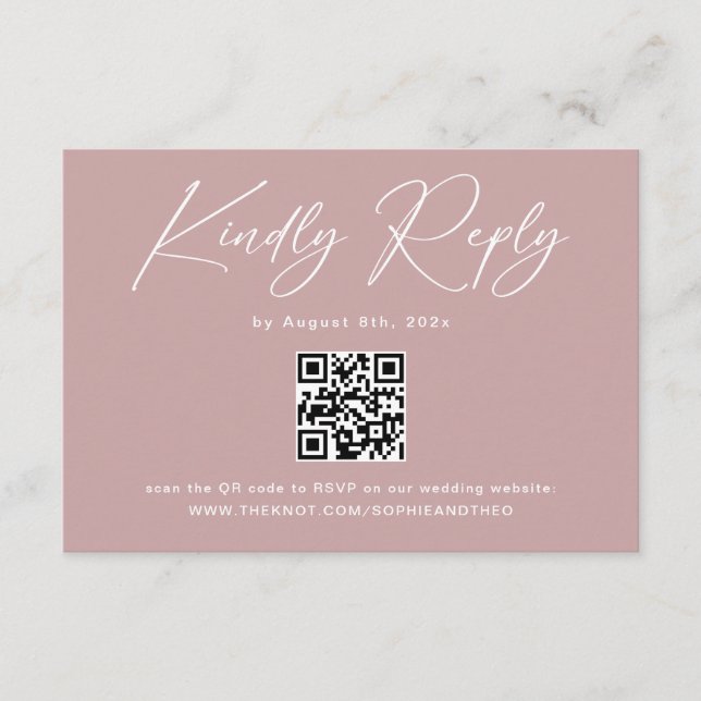 Carte D'accompagnement Code QR de réponse de mariage élégant Rose Poussié (Devant)