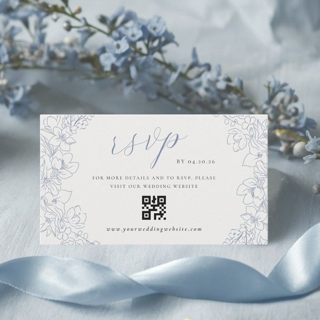Carte D'accompagnement Code QR de réponse de mariage floral bleu délicat (Créateur téléchargé)
