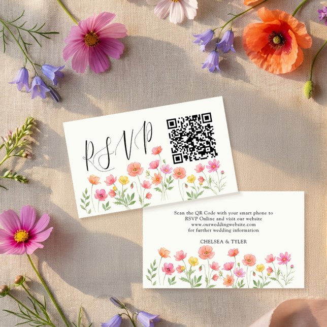 Carte D'accompagnement Code QR de réponse de mariage floral orange rose (QR Code enclosure card for online rsvp. Part of the Wildflower Bloom collection by Darling & May)
