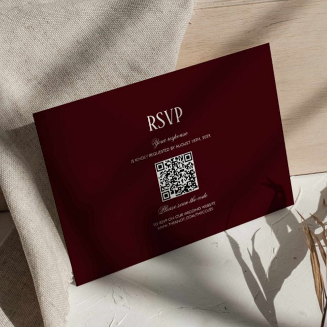 Carte D'accompagnement Code QR de réponse de mariage moderne rétro burgun (burgundy formal wedding rsvp card with qr code, deep red wedding response card, maroon wedding )