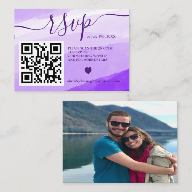 Carte D'accompagnement Code QR de réponse de mariage violet moderne photo (Devant / Derrière)