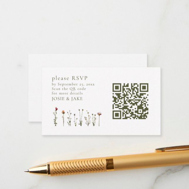 Carte D'accompagnement Code QR de réponse pour mariage aux fleurs sauvage (Devant/Arrière en situation)