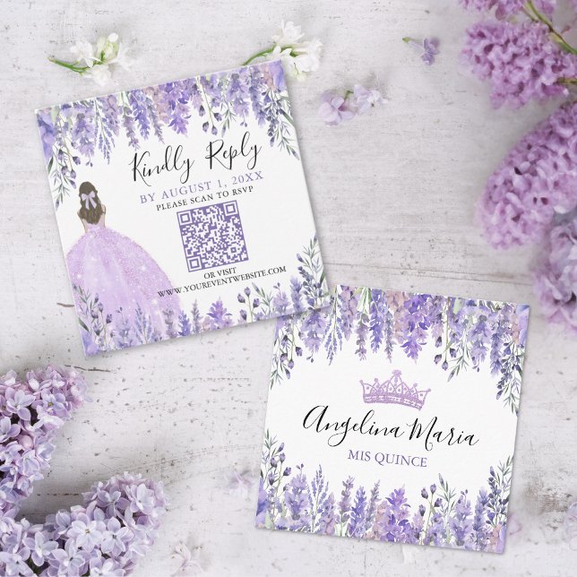 Carte D'accompagnement Code QR de réponse pour Quinceanera aux fleurs de  (Purple Lavender Floral Quinceanera QR Code RSVP Enclosure Card)