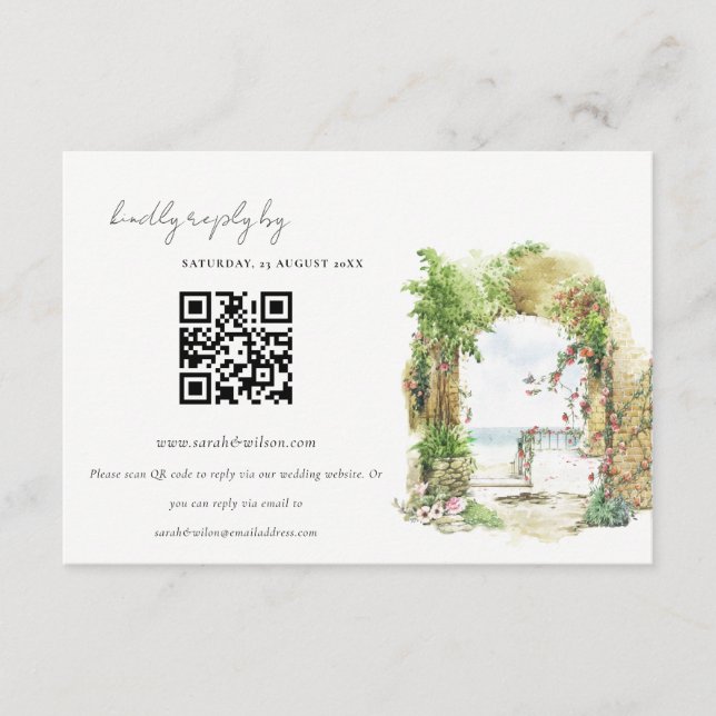Carte D'accompagnement Code QR de réponse pour un mariage avec arche flor (Devant)