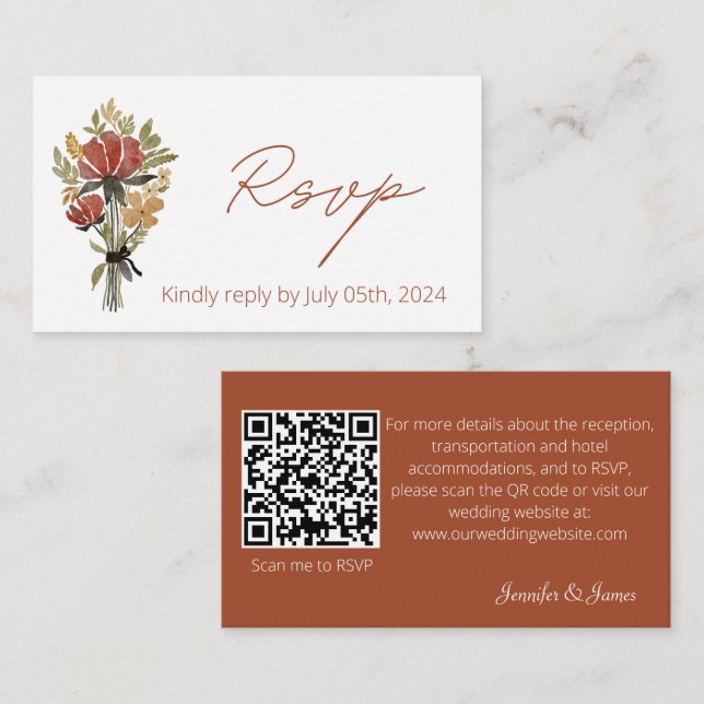 Carte D'accompagnement Code QR de réponse pour un mariage avec des fleurs (Devant / Derrière)