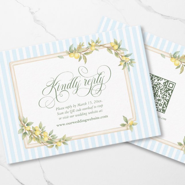 Carte D'accompagnement Code QR de réponse pour un mariage côtier au citro (elegant kindly reply Mediterranean lemon wedding website RSVP QR code enclosure code)