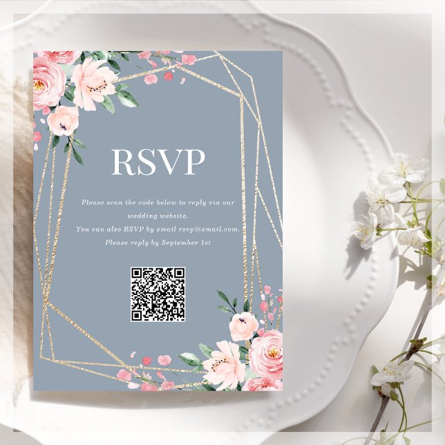 Carte D'accompagnement Code QR de RSVP | Floral Blush Bleu Poussiéreux  (Créateur téléchargé)