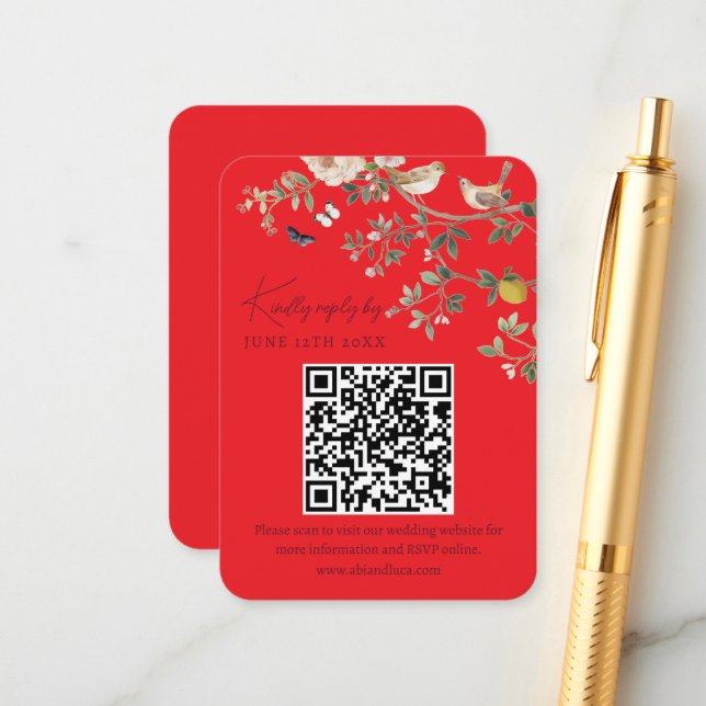 Carte D'accompagnement Code QR de RSVP pour site web de mariage en Chinoi (Devant/Arrière en situation)