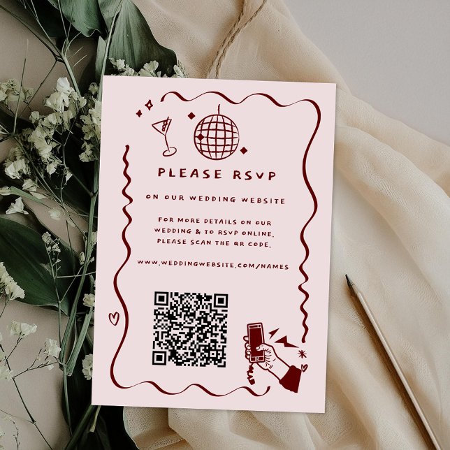 Carte D'accompagnement Code QR de site Web de mariage | Doodle Rétro Fant (Créateur téléchargé)
