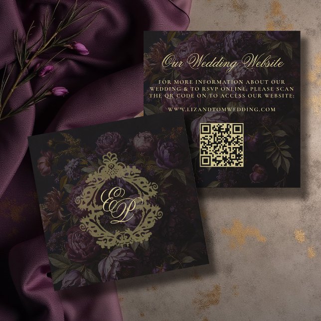 Carte D'accompagnement Code QR de site web de mariage Moody Victorian Lac (moody wedding website victorian antique lace crest dark burgundy purple peony floral gold)