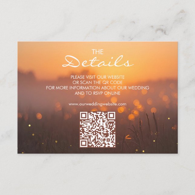 Carte D'accompagnement Code QR de site web de mariage rustique au coucher (Devant)