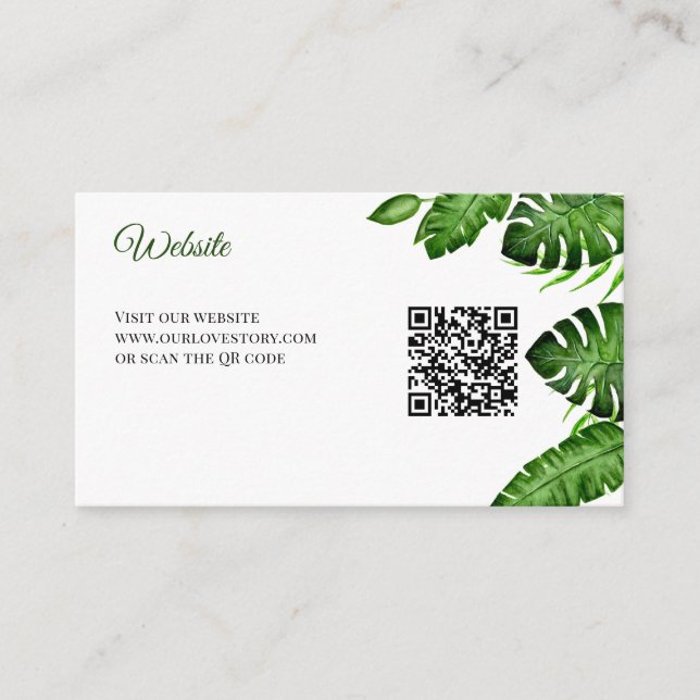 Carte D'accompagnement Code QR de site web de mariage tropical Monstera v (Devant)