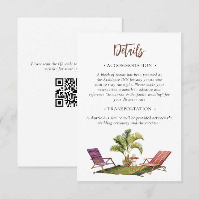 Carte D'accompagnement Code QR des détails de mariage au palmier tropical (Devant / Derrière)