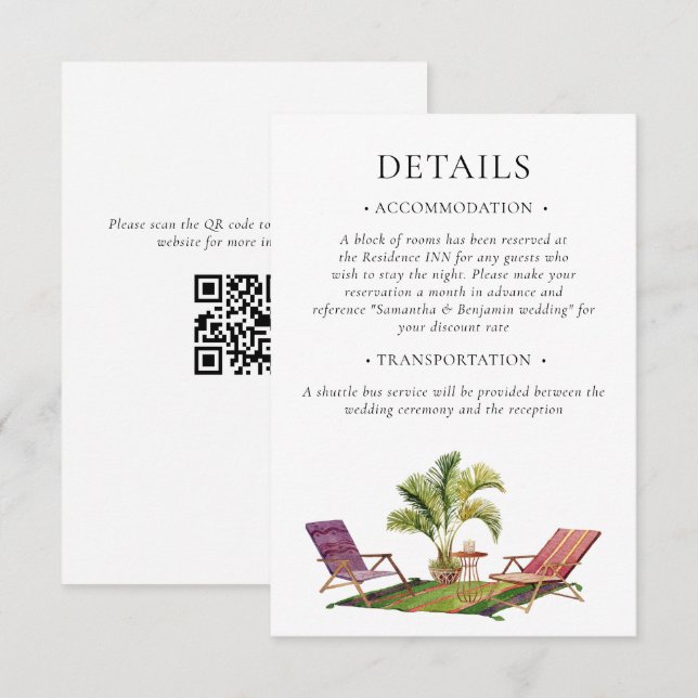 Carte D'accompagnement Code QR des détails de mariage au palmier tropical (Devant / Derrière)