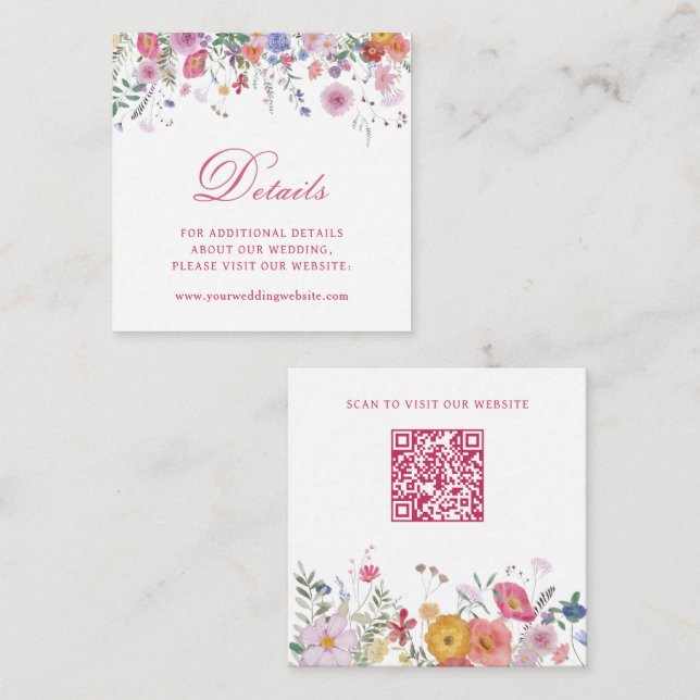 Carte D'accompagnement Code QR des détails de mariage aux fleurs sauvages (Devant / Derrière)