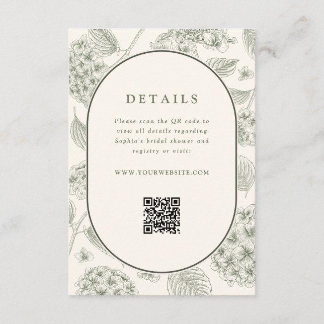 Carte D'accompagnement Code QR des détails de mariage aux Hydrangeas Sage (Devant)