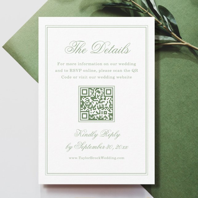 Carte D'accompagnement Code QR des détails de mariage blanc et vert sauge (Créateur téléchargé)
