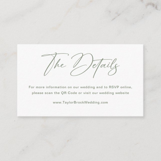 Carte D'accompagnement Code QR des détails de mariage blanc et vert sauge (Devant)