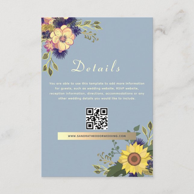 Carte D'accompagnement Code QR des détails de mariage Bohème Bleu Poussié (Devant)