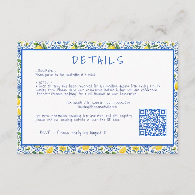 Carte D'accompagnement Code QR des détails de mariage Citrons en carrelag (Devant)