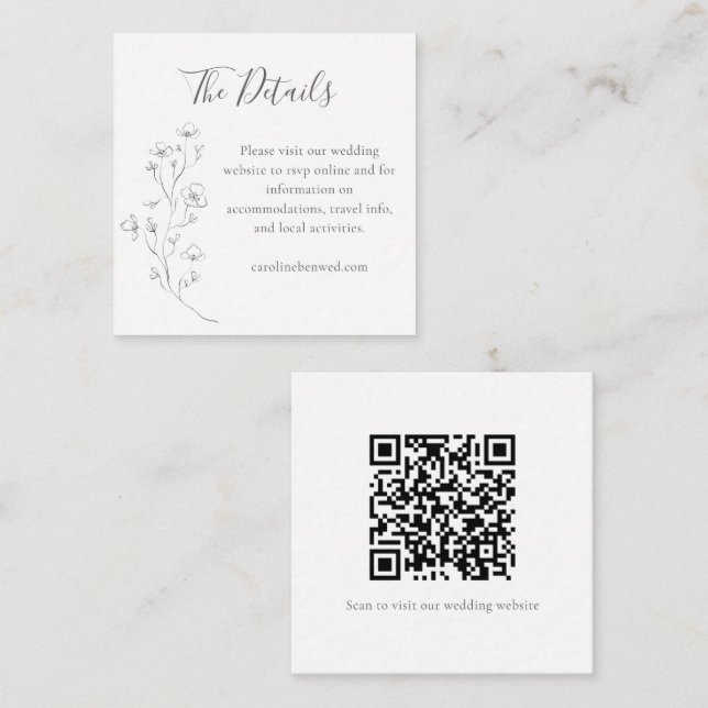 Carte D'accompagnement Code QR des détails de mariage d'art de ligne flor (Devant / Derrière)