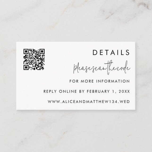 Carte D'accompagnement Code QR des détails de mariage de script minimalis (Devant)
