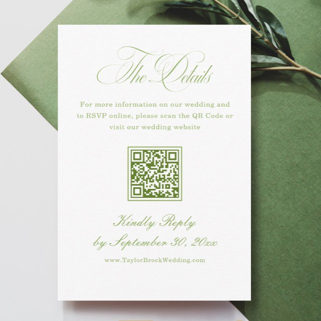 Carte D'accompagnement Code QR des détails de mariage élégant blanc et ve (Créateur téléchargé)