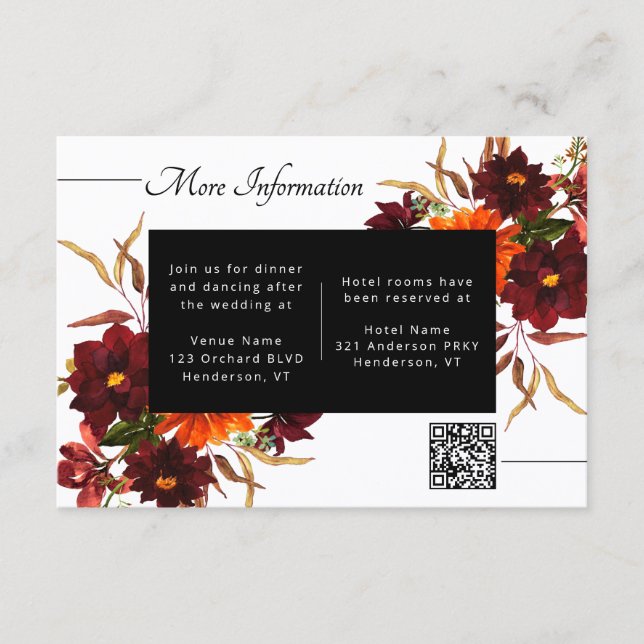 Carte D'accompagnement Code QR des détails de mariage floral automnal de  (Devant)