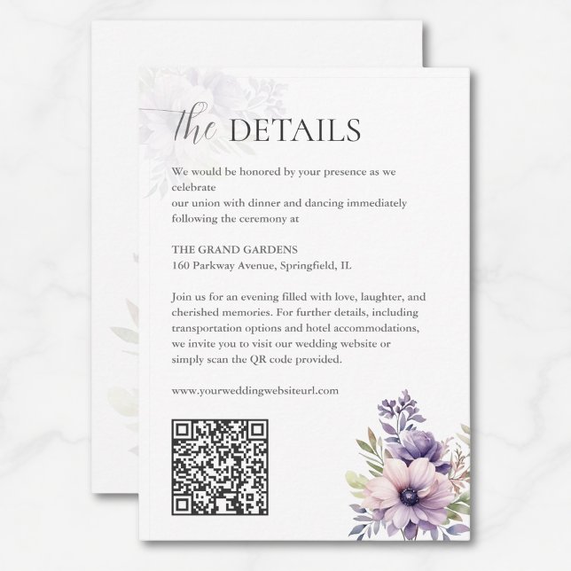 Carte D'accompagnement Code QR des détails de mariage floral lavande élég (Créateur téléchargé)