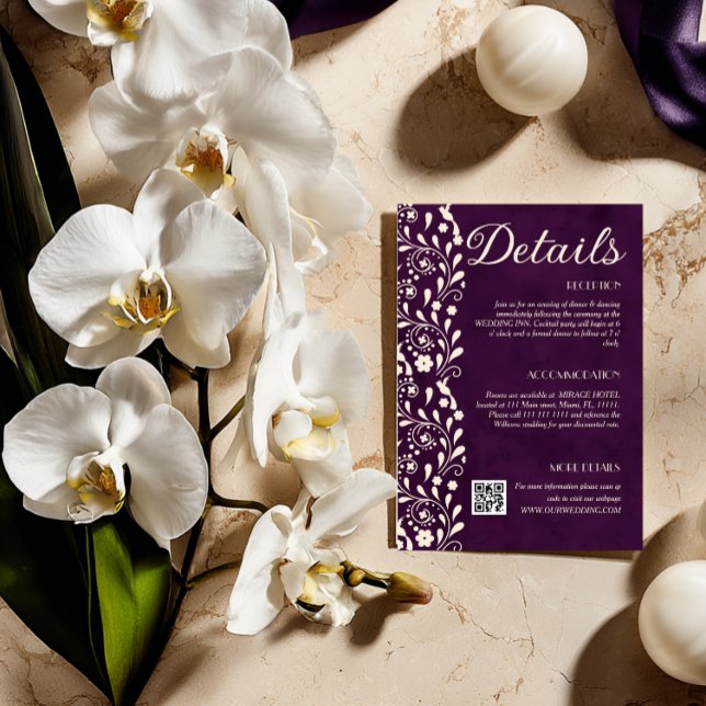 Carte D'accompagnement Code QR des détails de mariage floral pourpre (Créateur téléchargé)