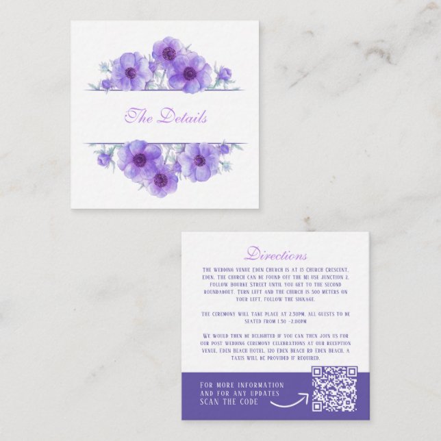 Carte D'accompagnement Code QR des détails de mariage floraux à l'anémone (Devant / Derrière)