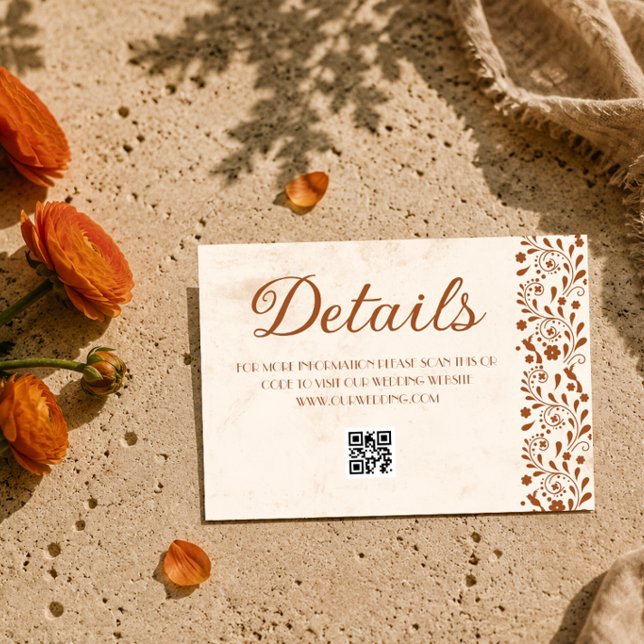 Carte D'accompagnement code QR des détails de mariage mexicain beige (Créateur téléchargé)
