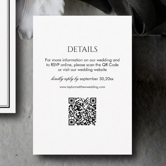 Carte D'accompagnement Code QR des détails de mariage noir et blanc moder (Créateur téléchargé)